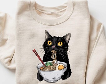 Noodle Cat Sweatshirt, Ramen Cat T-Shirt, Foodie Lover Shirts, Black Cat Noodle Shirts, Retro Cat Tees, Cat Lover Sweatshirts, Black Cat Tee