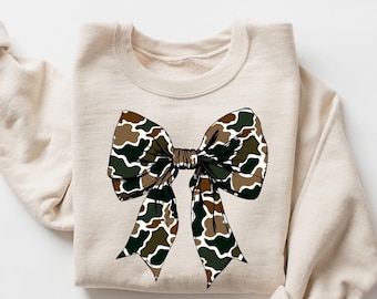 Camo Bow Sweatshirt, Camo Coquette Bow Shirt, Duck Hunting Shirt, Old School Camo Shirt, Fall Shirt, Women&#39;s Camouflage Bow Shirt,Camo Shirt