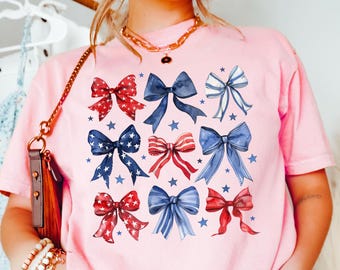 Camiseta con lazo Comfort Colors®USA, camiseta con lazo Coquette America para el 4 de julio, Día de los Caídos, camiseta de EE. UU., camiseta electoral, regalo con lazo patriótico