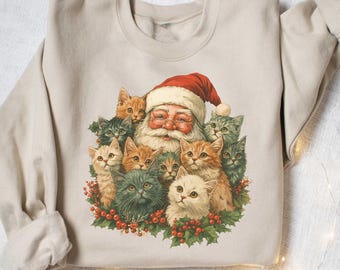 Santa Claus Cat Christmas Sweater, Retro Christmas Season Tee, Cute Cat Winter Sweater, Funny Santa Shirt, Cat Lover Winter Shirt,Women Gift