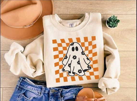 Halloween Shirt Groovy Ghost Sweatshirt, Spooky Checkered Halloween Sweatshirt, Women Halloween Tee, Fall Shirts, Spooky Season Gift For Her