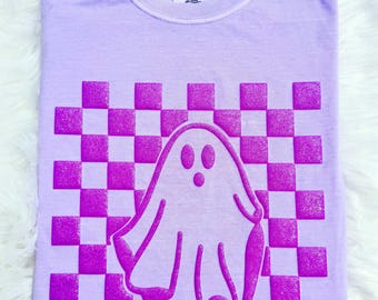 Comfort Colors®Puff 3D Retro Halloween Checkered Ghost Shirt, Embossed 3D Ghost Shirt Spooky T-Shirt,Retro Checkered Ghost,Spooky season Tee