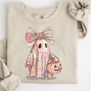 Patchwork Ghost Pink Flowers Sweatshirt, Trendy Patchwork Spooky Ghost Shirt, Halloween Ghost Quilt Pattern Shirt, Autumn Ghost Sweatshirt