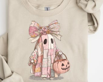 Patchwork Ghost Pink Flowers Sweatshirt, Trendy Patchwork Spooky Ghost Shirt, Halloween Ghost Quilt Pattern Shirt, Autumn Ghost Sweatshirt
