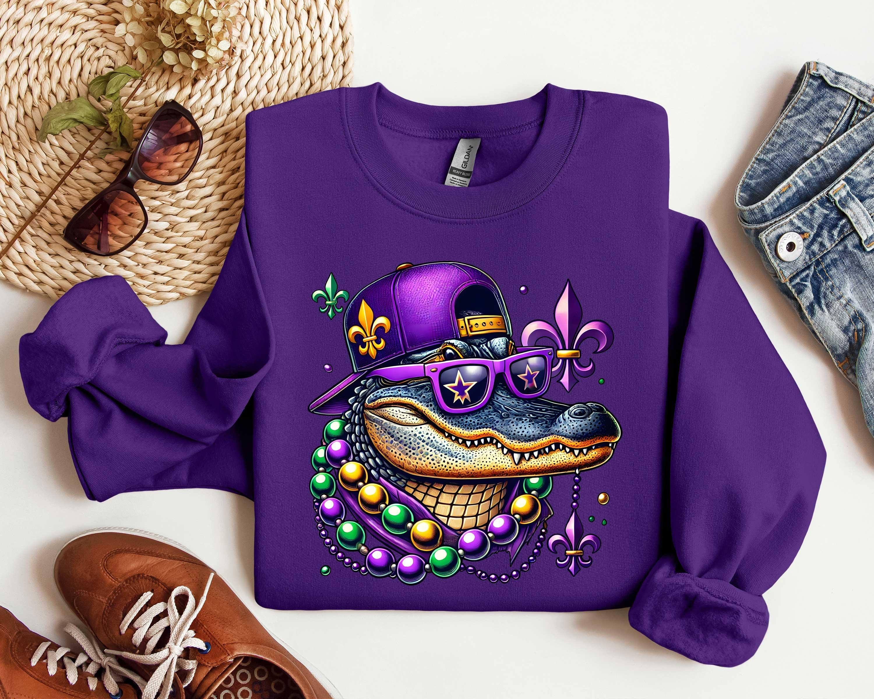 Mardi Gras Crocodile Sweatshirt, Animal Shirt, Women Mardi Gras Costume, Mardi Gras Alligator Shirt, Fat Tuesday Sweater,Mardi Gras Carnival