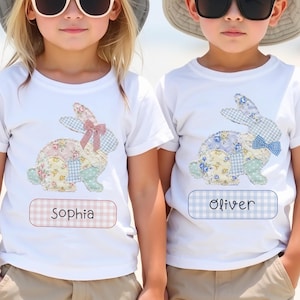 Personalized Kids Easter T-Shirt, Floral Bunny Faux Patchwork Tee