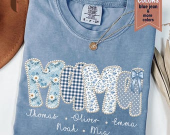 Comfort Colors Personalized Mom Shirt, Blue Floral Patchwork Gingham Polka Dot Kids Names Gift