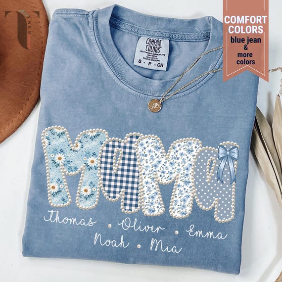 Comfort Colors Personalized Mom Shirt, Blue Floral Patchwork Gingham Polka Dot Kids Names Gift