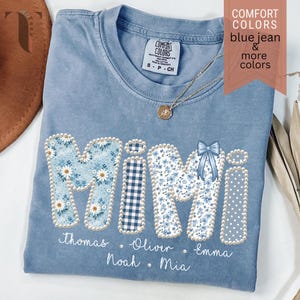 Comfort Colors Personalized Mimi Shirt, Blue Floral Faux Patchwork Gingham Polka Dot Mimi Tshirt With Kids Name, Mothers Day Gift For Mimi