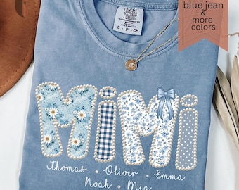 Comfort Colors Personalized Mimi Shirt, Blue Floral Faux Patchwork Gingham Polka Dot Mimi Tshirt With Kids Name, Mothers Day Gift For Mimi
