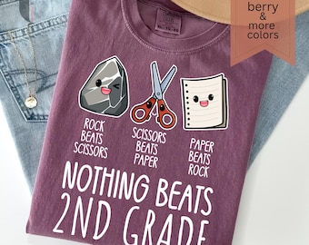 Comfort Colors T-Shirt Nothing Beats 2nd Grade, Rock Paper Scissors Teacher Tee, Second Grade First Day Of School Outfit
