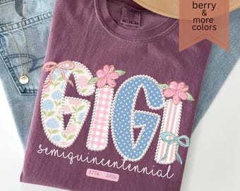 Comfort Colors Gigi Semiquin Centennial T-Shirt Women, Pink Floral And Faux Patchwork Gingham Polka Dot Tee Gift For Grandma, America 250