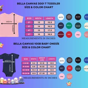 K&ouml;nnte beinhalten: Gr&ouml;&szlig;en- und Farbtabelle f&uuml;r Bella Canvas Kleinkind-T-Shirts und Baby-Bodys. Die Tabelle enth&auml;lt Ma&szlig;e in Zoll f&uuml;r Breite und L&auml;nge sowie das Gewicht f&uuml;r die Bodys. Farboptionen sind Wei&szlig;, Schwarz, Marine und Pink.