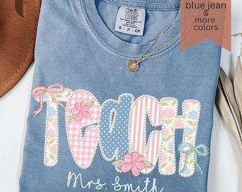 Comfort Colors Teacher Custom Tee, Pink Floral Teach Shirt, Faux Pearl Gingham Polka Dots Tee Gift ForTeacher, Tshirt with Teacher Name