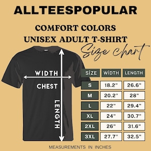 May include: Black unisex adult t-shirt with a size chart. The chart shows measurements in inches for sizes S to 3XL, including chest width and shirt length. The text "ALLTEESPOPULAR" is at the top.