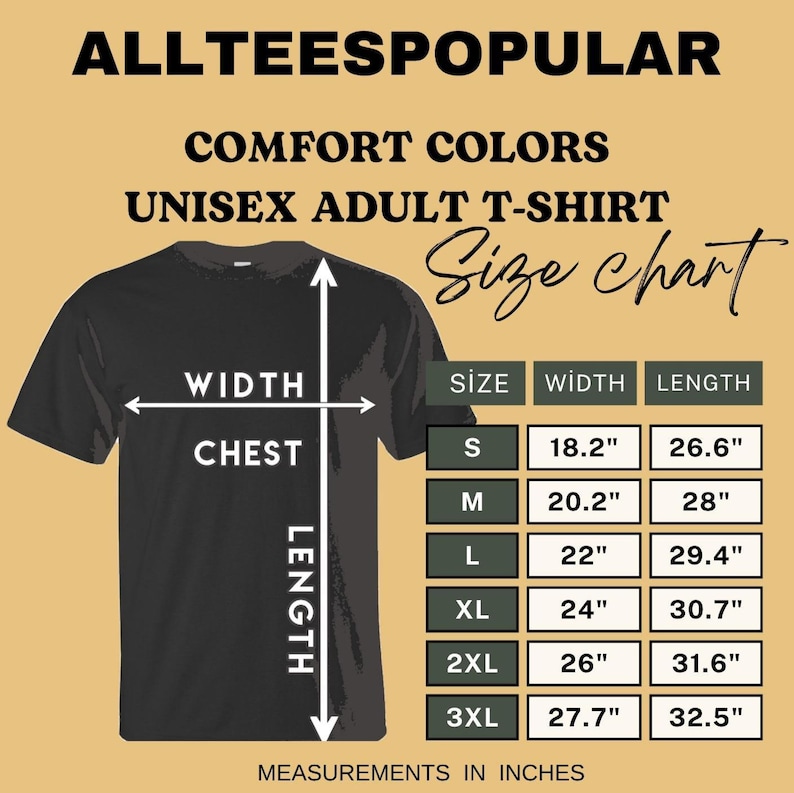 May include: Black unisex adult t-shirt with a size chart. The chart shows measurements in inches for sizes S to 3XL, including chest width and shirt length. The text "ALLTEESPOPULAR" is at the top.