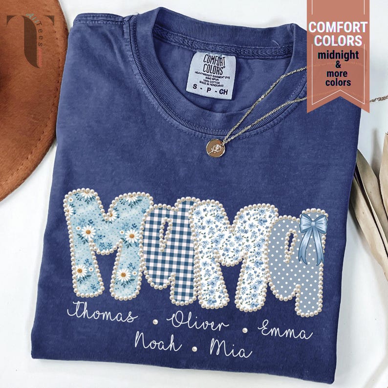 Comfort Colors Personalized Mom Shirt, Blue Floral Patchwork Gingham Polka Dot Kids Names Gift immagine 7