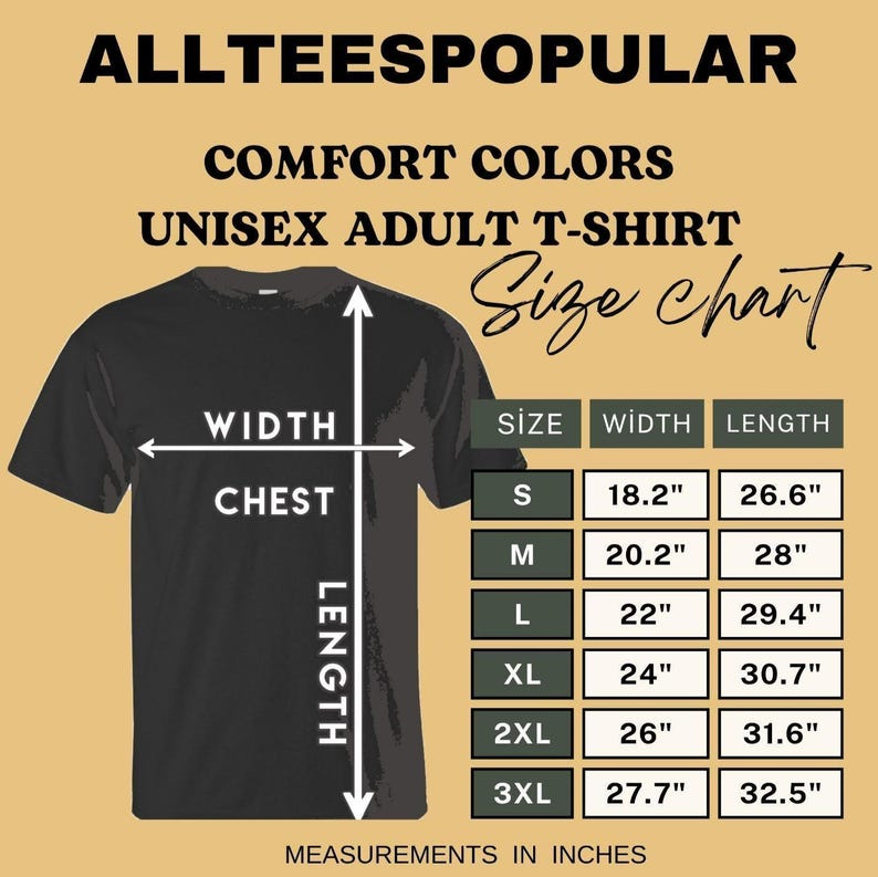 Pu&ograve; includere: T-shirt nero unisex per adulti con tabella taglie. La tabella mostra le misure in pollici per le taglie dalla S alla 3XL, inclusi larghezza torace e lunghezza della maglietta. Il testo "ALLTEESPOPULAR" &egrave; in alto.