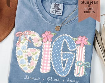 Comfort Colors Gigi Custom Shirt, Pink Floral And Faux Patchwork Gingham Polka Dots Tee Gift For Grandma, Tshirt with Kids Names
