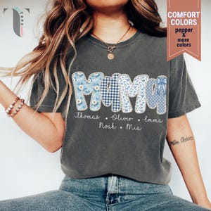 Comfort Colors Personalized Mom Shirt, Blue Floral Patchwork Gingham Polka Dot Kids Names Gift immagine 13