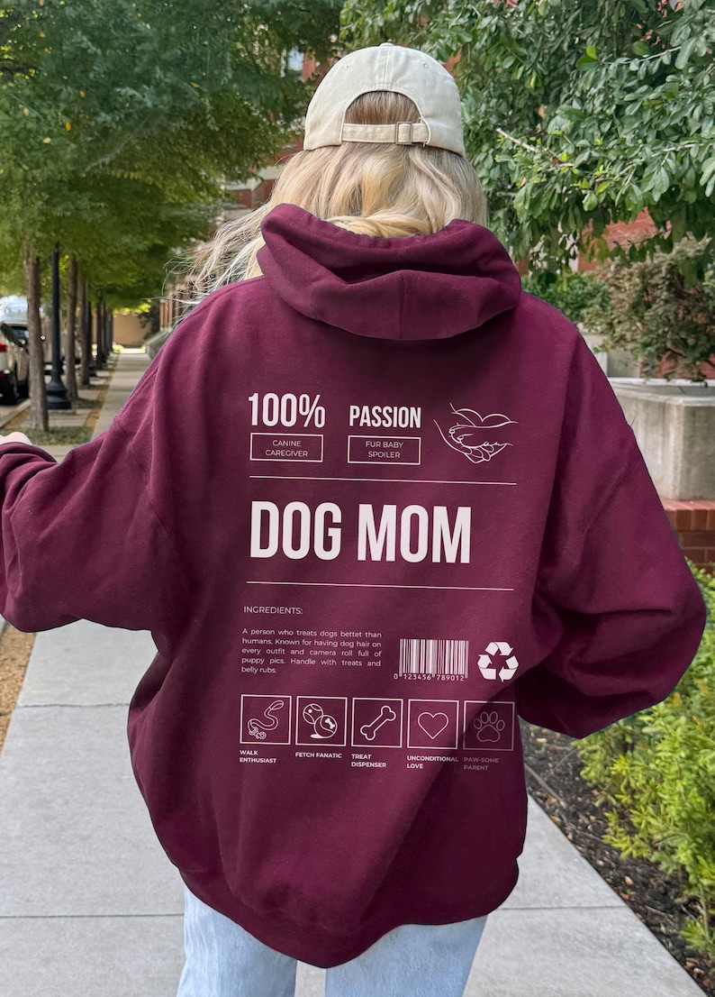 Dog Mom Hoodie, Funny Back Print, Y2K Oversized Sweatshirt Maroon
