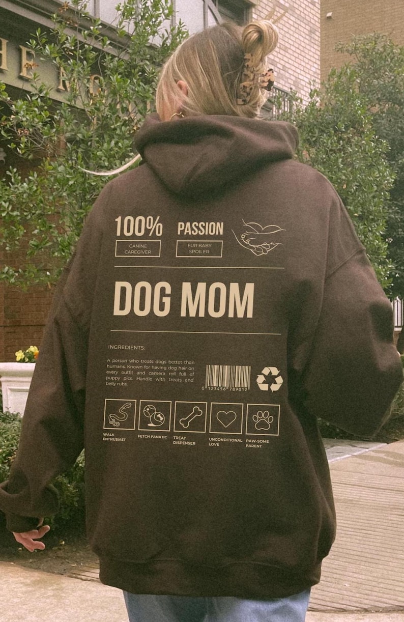 Dog Mom Hoodie, Funny Back Print, Y2K Oversized Sweatshirt Dark Chocolate