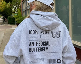 Bluza z kapturem „Antyspołeczny motyl”, zabawny nadruk na plecach, oversize