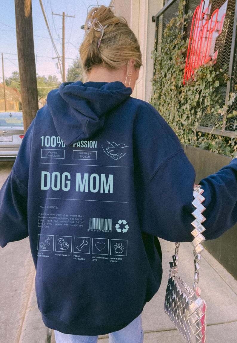 Dog Mom Hoodie, Funny Back Print, Y2K Oversized Sweatshirt Navy