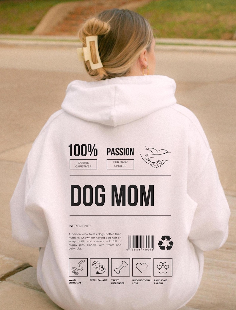 Dog Mom Hoodie, Funny Back Print, Y2K Oversized Sweatshirt White