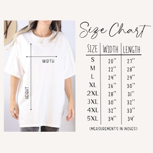 May include: Size chart for a t-shirt with measurements in inches for width and length. Sizes include S, M, L, XL, 2XL, 3XL, 4XL, and 5XL.