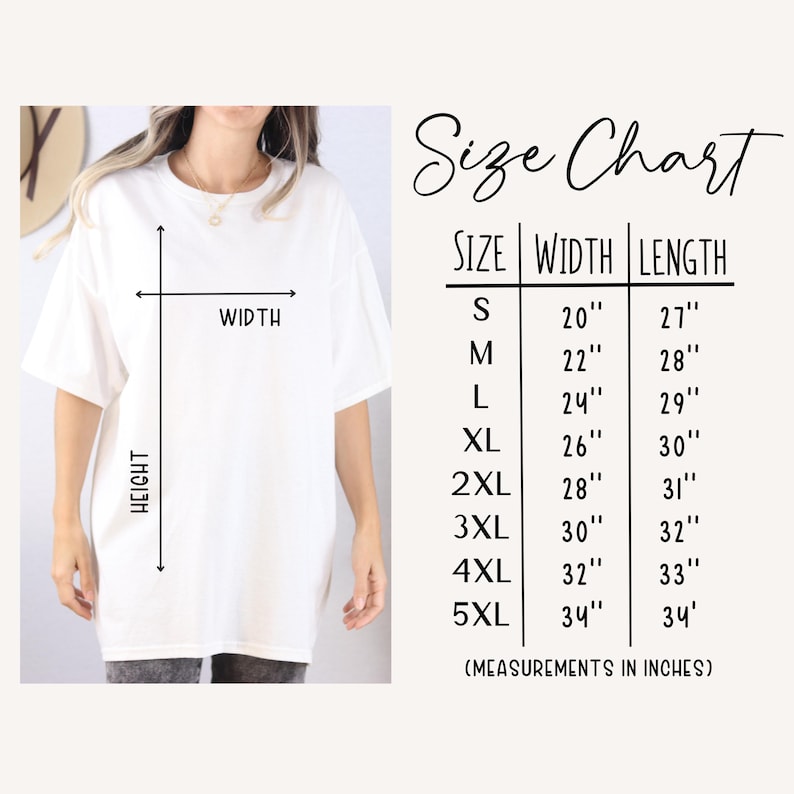 May include: Size chart for a t-shirt with measurements in inches for width and length. Sizes include S, M, L, XL, 2XL, 3XL, 4XL, and 5XL.