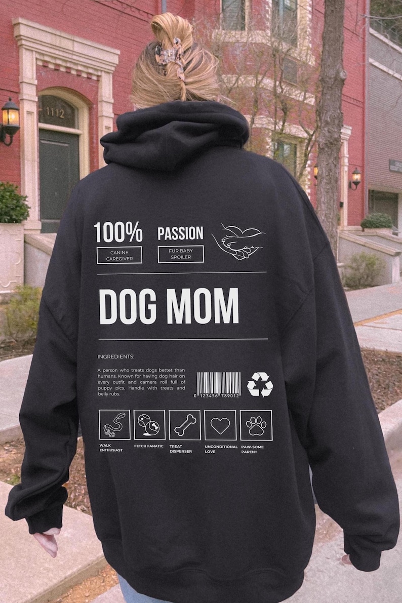 Dog Mom Hoodie, Funny Back Print, Y2K Oversized Sweatshirt Black