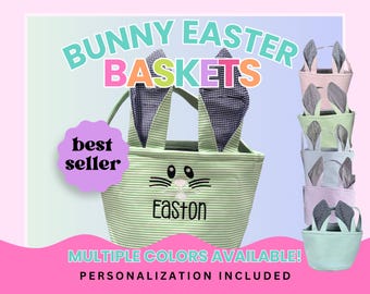 May include: Green bunny-shaped Easter basket with a white gingham bow and the name "Easton" embroidered on the front. The basket is a best seller and comes in multiple colors.  Personalized with a name.