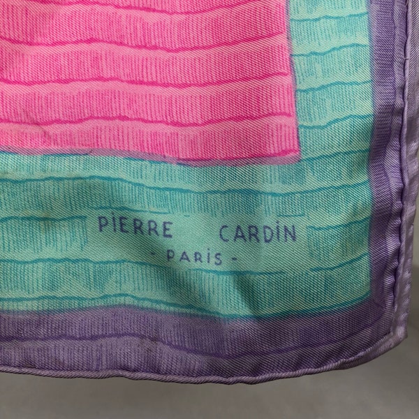 Pierre Cardin Paris vintage 30 x 31 inches pink purple grean teal silk hand rolled scarf