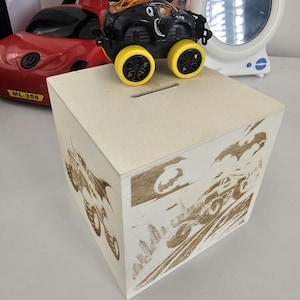 Personalized Wooden Piggy Bank for Kids - Monster Trucks | Custom Name Money Box | Fun and Educational Gift