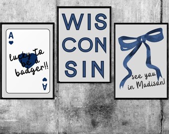 Prints University of Wisconsin, Wisco Dorm Decor, Trendy UW Madison Wall Art, Wall Art, Esthetic Preppy College Decor, UW Badgers, Blauw 3