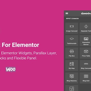 Op de afbeelding: Roze afbeelding die WPKit voor Elementor promoot, met een zeshoekig logo en een menu met widgets. De tekst luidt "WPKit For Elementor" en geeft geavanceerde functies weer. Een zijbalk toont Elementor-widgets.