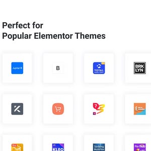 May include: A white background with the text "Perfect for Popular Elementor Themes" above a grid of square logos. Logos include "Jupiter X", "B", "TOTAL", "BRK LYN", "K", a shopping cart, and others.