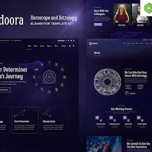 Può includere: Un kit di modelli di siti web blu scuro per servizi di astrologia e oroscopo. Il design presenta un tema celeste con un logo a mezzaluna e il testo "Pandoora" e "Horoscope and Astrology". Il sito web include sezioni su astrologia, grafici e guide.