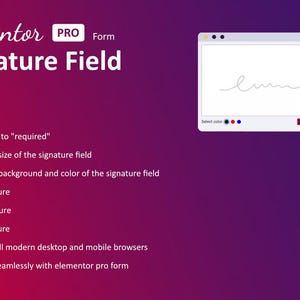 Op de afbeelding: Een afbeelding die het Elementor Pro Signature Field promoot. De afbeelding toont een handtekeningveld-interface met opties om kleur te selecteren, ongedaan te maken, opnieuw uit te voeren en te wissen. Tekst benadrukt functies zoals gebruiksgemak en compatibiliteit met mobiele browsers.