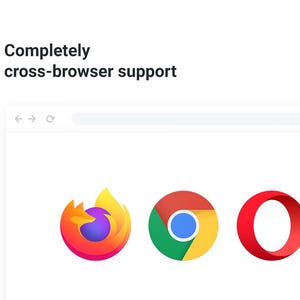 May include: A computer screen displays a browser window with the text "Completely cross-browser support." Below the window are the logos for Firefox, Chrome, Opera, and Safari.