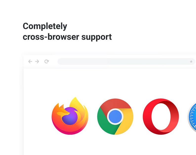 May include: A computer screen displays a browser window with the text "Completely cross-browser support." Below the window are the logos for Firefox, Chrome, Opera, and Safari.