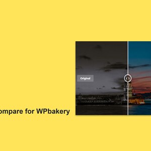 Peut inclure: Fond jaune avec le texte "Osteo Image Compare for WPbakery" et un logo. Une image divisée montre une vue originale et modifiée d'un paysage urbain au crépuscule. L'original est sombre, le modifié est lumineux.