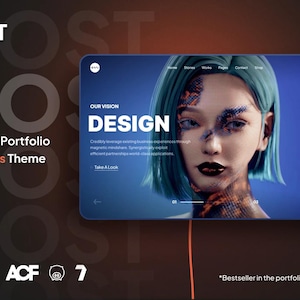 Op de afbeelding: Een digitaal ontwerp voor een WordPress-thema, met een vrouw met blauw haar op een blauw scherm. Het woord "DESIGN" staat prominent afgebeeld. De afbeelding bevat ook de tekst "MOST Agency & Portfolio WordPress Theme" en "*Bestseller in the portfolio section 2023."