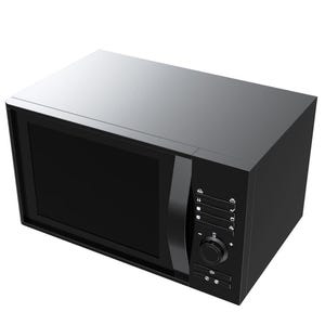 May include: A black microwave oven with a silver top and a black door. The control panel is on the right side, featuring buttons and a dial. The appliance is designed for heating and cooking food.