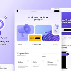 Könnte beinhalten: Ein digitales Marketing- und SEO-WP-Theme mit einem lila und weißen Farbschema. Das Design umfasst ein Ziel mit Pfeil, ein Megaphon und Website-Mockups. Der Text enthält "Marketing without borders" und "We solve digital challenges."