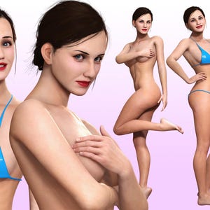 Puede incluir: Representación digital de una mujer en bikini azul. La imagen muestra a la mujer en varias poses, incluyendo de pie y posando. El bikini es de color azul brillante y liso. El fondo es de color rosa suave.