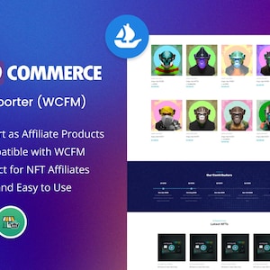 May include: A website interface with the text "Woo Commerce NFT Importer (WCFM)". The page displays a series of colorful avatar images and the text "Import as Affiliate Products, Compatible with WCFM, Perfect for NFT Affiliates, Fast and Easy to Use."