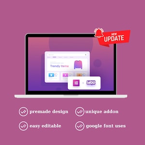 May include: A laptop screen shows a website interface with the text "Trendy Items" and a sweater graphic. A red banner with "NEW UPDATE" and a bell icon is at the top. Below are icons and the text "premade design", "unique addon", "easy editable", and "google font uses".
