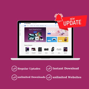 May include: A laptop displays a website with an "Apple Shopping Event" banner. A red banner with "NEW UPDATE" text is in the top right corner. Below are icons for "Regular Uptades", "Instant Download", "unlimited Downloads", and "unlimited Websites".
